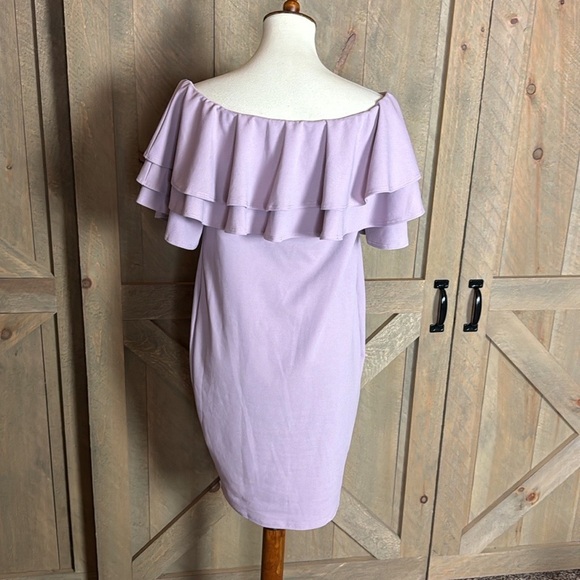 Pink blush mauve pink layered ruffle off shoulder fitted maternity dress Large - Picture 9 of 11